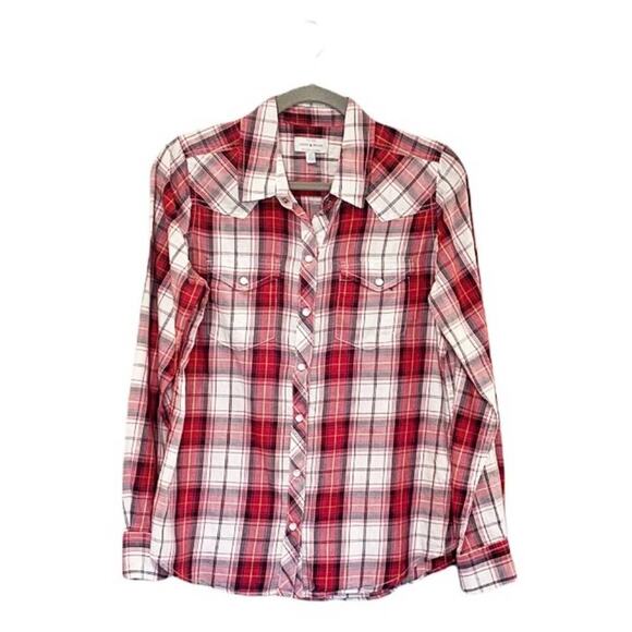 Lucky Brand Red Plaid Pearl Snap Button Down Sz S - Picture 2 of 14